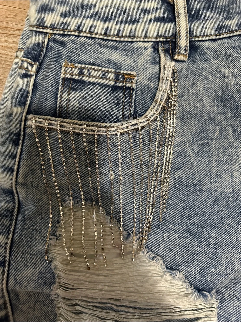 Rhinestone Fringe Distressed Denim Shorts - Blue